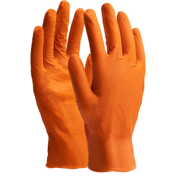 Nitril védő- és szerelőkesztyű, 11-es, narancs, 50 db/csom, NITRAX GRIP, STALCO PERFECT
